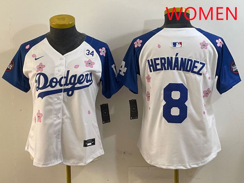 Women Los Angeles Dodgers #8 Hernandez White Blue Sakura Edition 2025 Nike MLB Jersey style 4